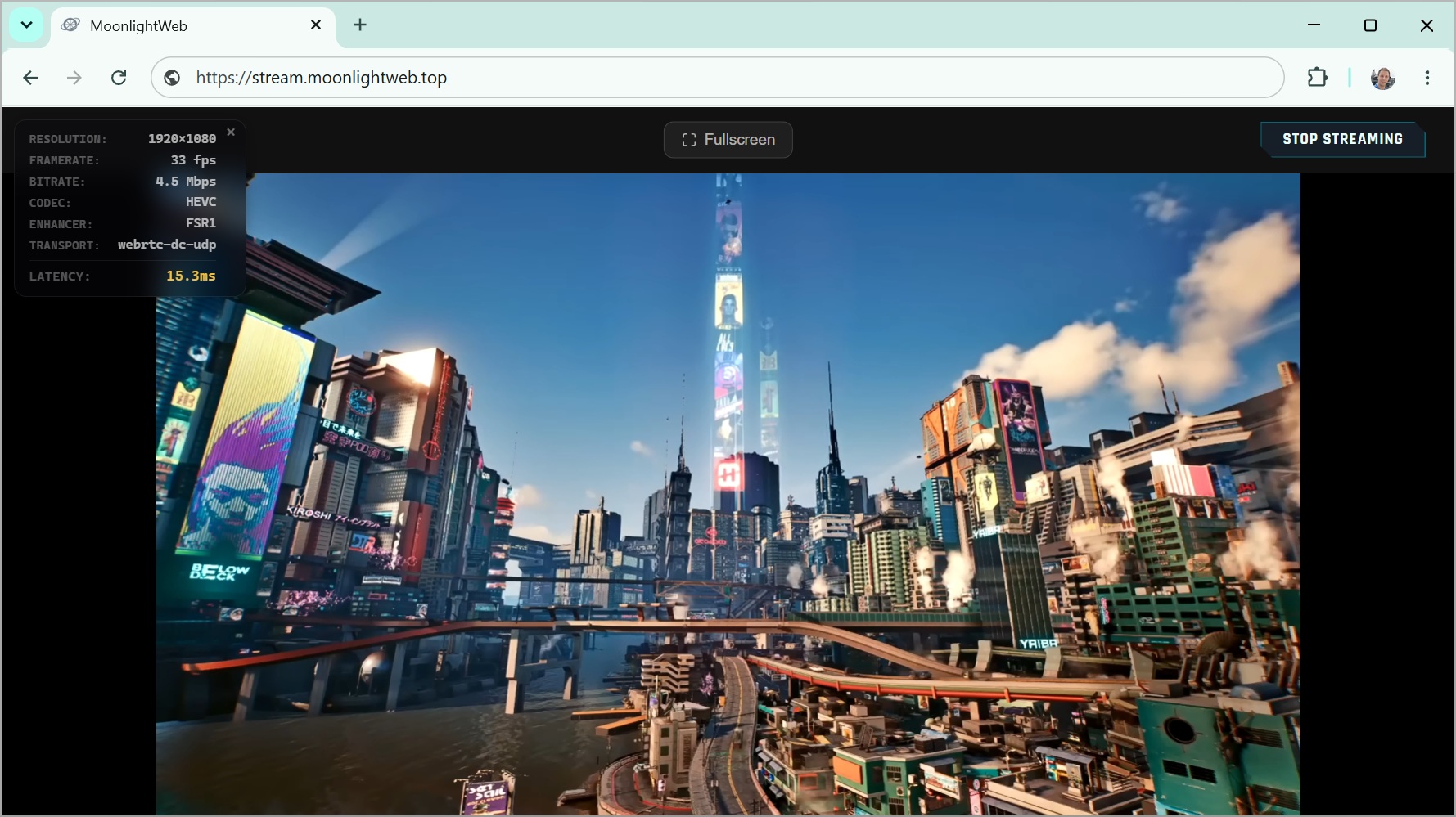 Full Windows desktop streamed inside Chrome with the MoonlightWeb live stats overlay