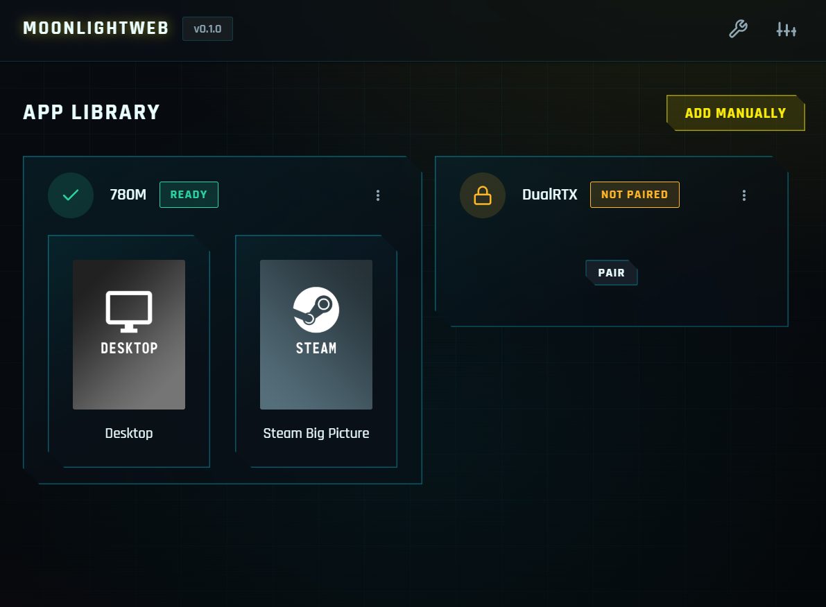 MoonlightWeb app library — Sunshine hosts discovered automatically, ready to pair