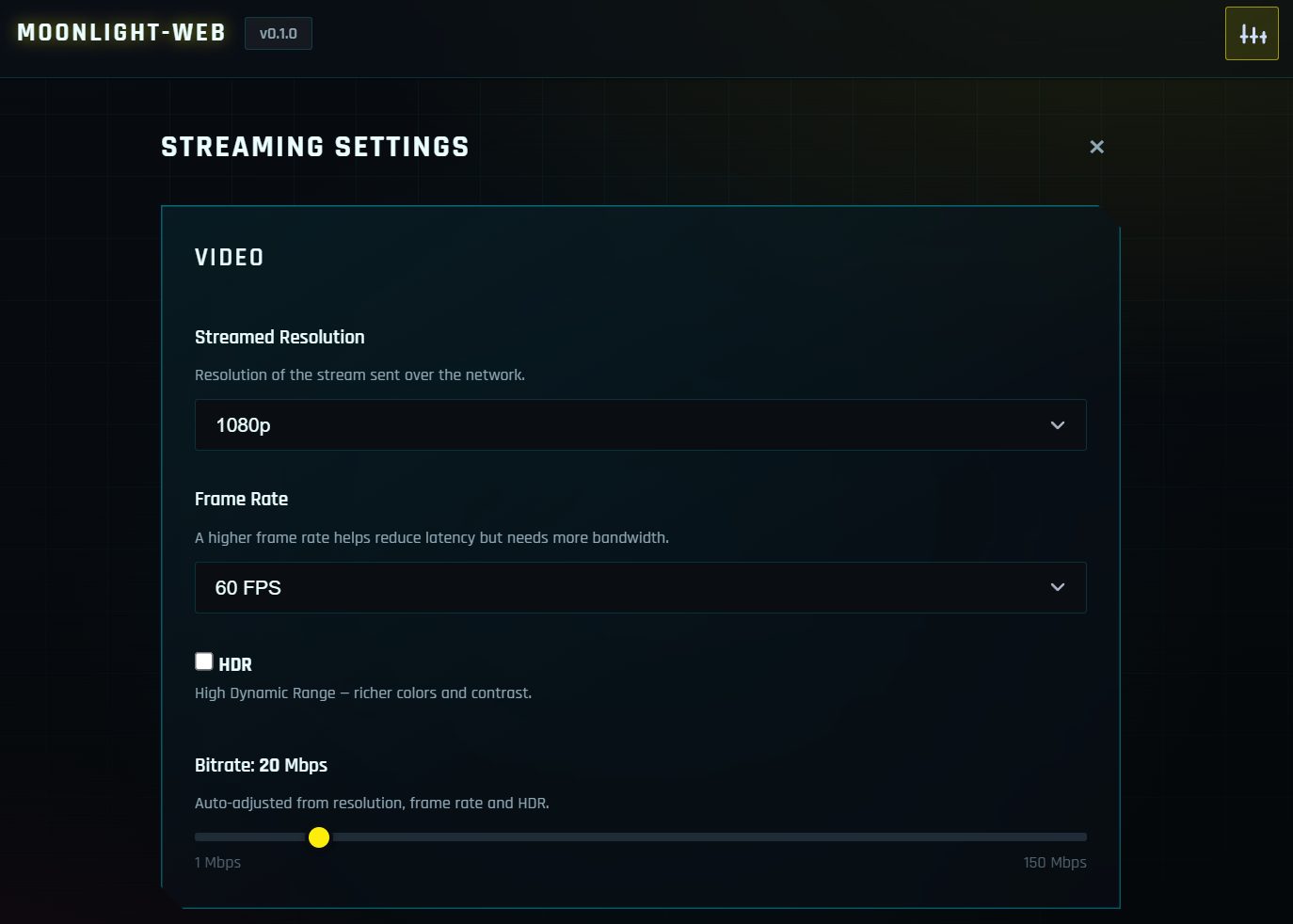 MoonlightWeb streaming settings — resolution, frame rate, HDR, bitrate